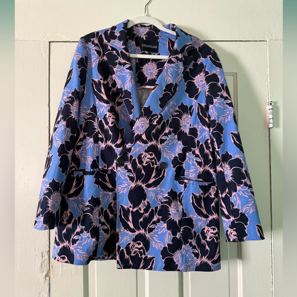 Wildfang Blue Floral Blazer with Black and Pink Pattern